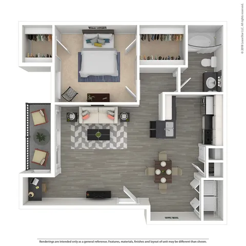 Modern 3D floor plan showcasing a spacious 1-bedroom apartment with an open-concept living area, stylish kitchen, luxurious bathroom, and private balcony.