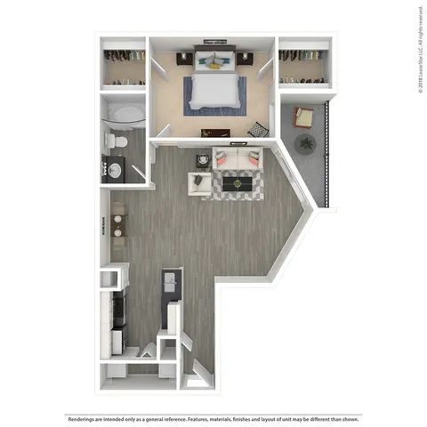 Contemporary 1-bedroom apartment floor plan with an open living area, modern kitchen, and elegant bathroom, featuring a private balcony.