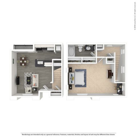 Contemporary two-story floor plan featuring an open-concept living and dining area, modern kitchen, and a spacious bedroom with ensuite on the upper floor.
