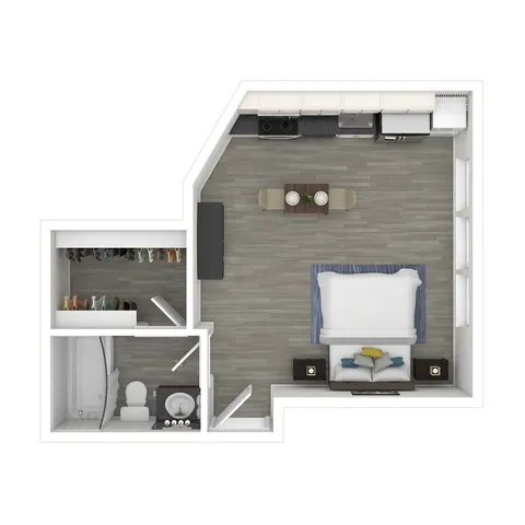Modern studio apartment floor plan showcasing an open kitchen, cozy living area with a bed, sleek bathroom, and ample closet space.