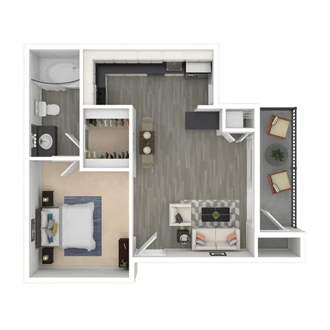 Modern apartment floor plan featuring 1 bedroom, open living and dining area, sleek kitchen, spacious balcony, and a well-designed bathroom.