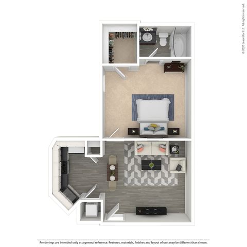 Modern 3D floor plan featuring a spacious bedroom with en-suite bathroom, an open-concept living area, and a sleek kitchen, ideal for contemporary urban living.
