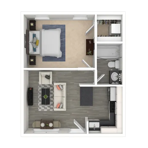 Chic 3D floor plan featuring a cozy bedroom, modern open-plan living area, and sleek kitchen with stylish finishes.