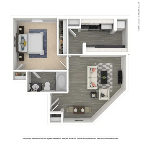 Modern one-bedroom apartment floor plan featuring an open-concept living area, sleek kitchen, and cozy dining space, complemented by a spacious bathroom and ample closet storage.