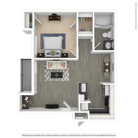 Modern 3D floor plan showcasing a chic one-bedroom apartment with spacious living area, stylish kitchen, and cozy balcony.