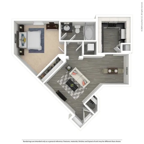 Contemporary 3D floor plan featuring a spacious bedroom, modern kitchen, inviting living area, and a sleek bathroom in a stylish layout.