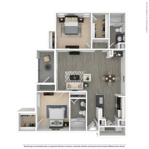 Modern 2D floor plan featuring 2 spacious bedrooms, open-concept living and dining area, and a sleek kitchen with contemporary finishes.