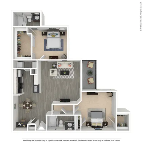 Modern 3D floor plan featuring 2 bedrooms, an expansive living room, sleek kitchen, and inviting balcony.