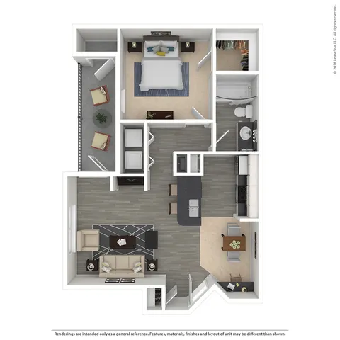 Chic 3D apartment floor plan with a spacious bedroom, open-concept kitchen and living area, modern bathroom, and private balcony.