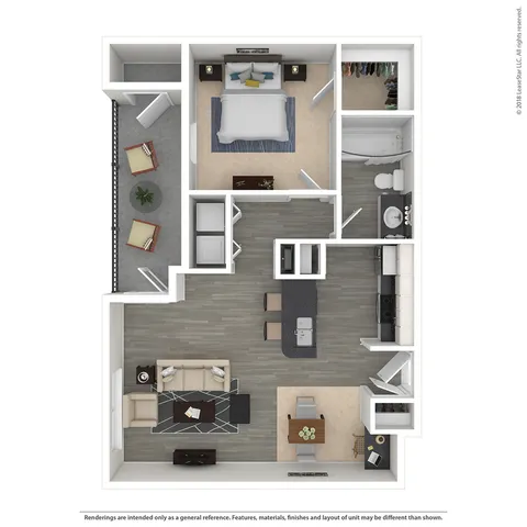 Modern 2D floor plan showcasing a spacious open-concept design with one bedroom, a sleek kitchen area, cozy living room, elegant bathroom, and a charming balcony.