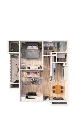 Modern and inviting 1-bedroom apartment floor plan featuring a cozy living area, sleek kitchen, spacious bathroom, and private balcony with seating.