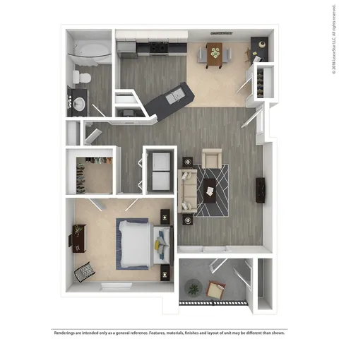 Modern 3D floor plan showcasing a spacious open-concept design with one bedroom, a sleek kitchen area, cozy living room, elegant bathroom, and a charming balcony.