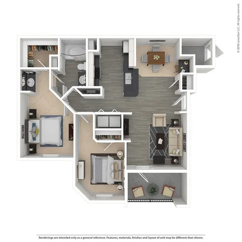 Modern 2-bedroom apartment floor plan showcasing a spacious living area, open-concept kitchen, and inviting balcony.