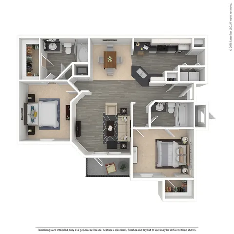 Modern 3D floor plan showcasing 2 bedrooms, elegant living room, spacious kitchen, and two bathrooms, ideal for stylish living.