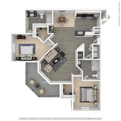 Modern 3D 2-bedroom floor plan showcasing a spacious open-concept design with one bedroom, a sleek kitchen area, cozy living room, elegant bathroom, and a charming balcony.