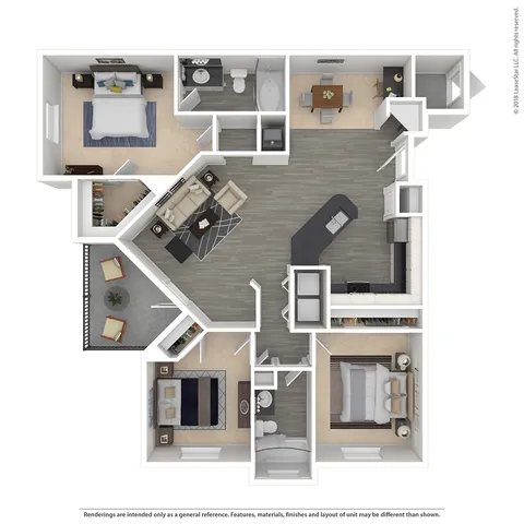 Modern 3D 3-bedroom floor plan showcasing a spacious open-concept design with one bedroom, a sleek kitchen area, cozy living room, elegant bathroom, and a charming balcony.