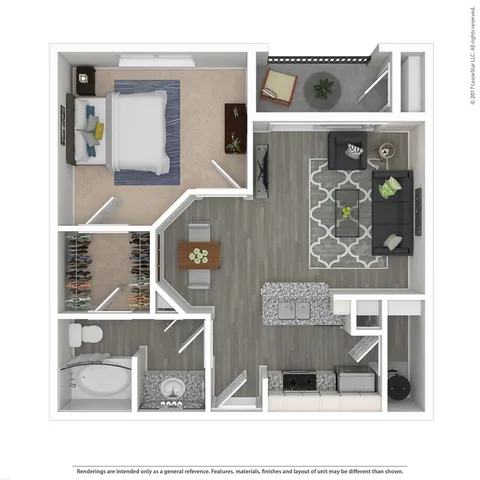 Inviting 3D floor plan showcasing a modern one-bedroom apartment with open-concept living area, stylish kitchen, spacious bathroom