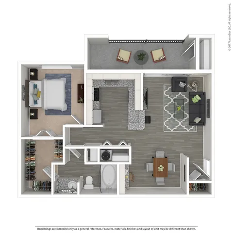 Inviting 3D floor plan showcasing a modern one-bedroom apartment with open-concept living area, stylish kitchen, spacious bathroom