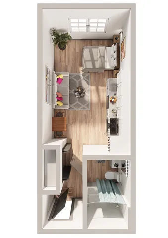 Charming studio apartment layout with open-concept living and sleeping area, modern kitchen, and cozy bathroom. Stylish wood flooring and natural lighting enhance the inviting atmosphere.