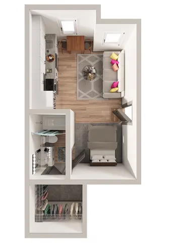 Charming studio apartment layout with open-concept living and sleeping area, modern kitchen, and cozy bathroom. Stylish wood flooring and natural lighting enhance the inviting atmosphere.