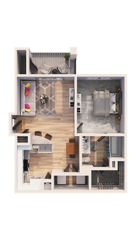 Modern 1-bedroom apartment floor plan featuring an open-concept living area, stylish kitchen with breakfast bar, cozy bedroom, and private balcony.