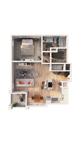 Contemporary 1-bedroom apartment floor plan featuring an open-concept living area, modern kitchen, and stylish bathroom, perfect for urban living.