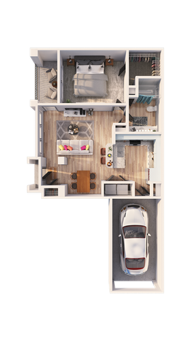 Chic 3D floor plan showcasing a cozy bedroom, open living space, modern kitchen, and integrated garage.