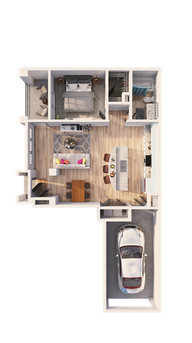 Contemporary floor plan showcasing a stylish one-bedroom apartment with an open living area, modern kitchen, cozy patio, and attached garage.