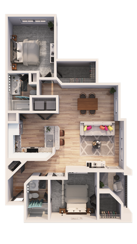 Modern 3D floor plan showcasing two spacious bedrooms, an inviting open-concept living and dining area, a sleek kitchen, and two stylish bathrooms.