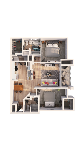 Modern 3D floor plan showcasing a chic 2-bedroom apartment with an open living space, elegant kitchen, and cozy balcony.