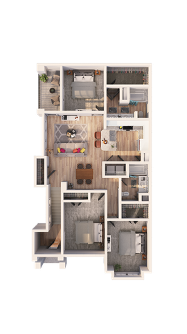 Modern 3D floor plan highlighting 3 spacious bedrooms, elegant open living area, and a sleek kitchen with breakfast bar.