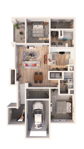 Modern 3D floor plan showcasing two elegant bedrooms, stylish open-concept living area, gourmet kitchen, and a spacious garage.