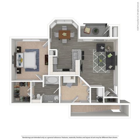 Inviting 3D floor plan showcasing a modern one-bedroom apartment with open-concept living area, stylish kitchen, spacious bathroom