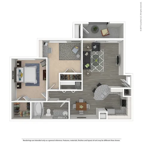 Inviting 3D floor plan showcasing a modern one-bedroom apartment with open-concept living area, stylish kitchen, spacious bathroom
