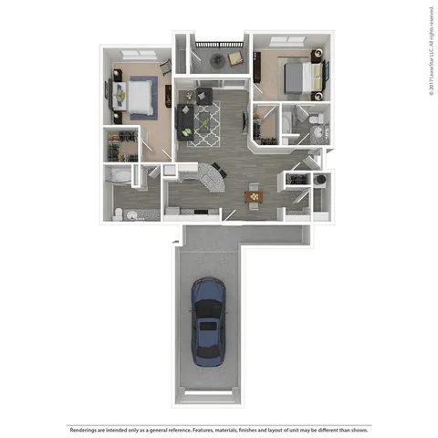 Modern 3D floor plan featuring 2 bedrooms, open kitchen, and inviting living area designed for comfort and style. Select homes feature garages. Confirm with community team.