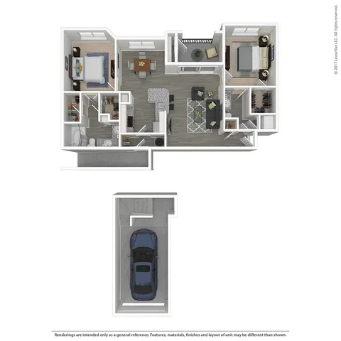Modern 3D floor plan featuring 2 bedrooms, open kitchen, and inviting living area designed for comfort and style. Select homes feature garages. Confirm with community team.