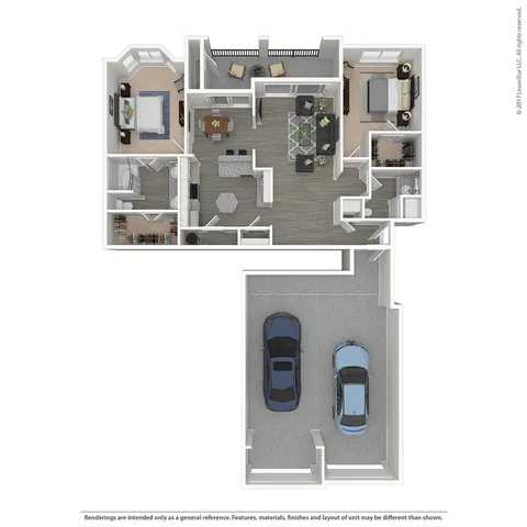 Modern 3D floor plan featuring 2 bedrooms, open kitchen, and inviting living area designed for comfort and style. Select homes feature garages. Confirm with community team.