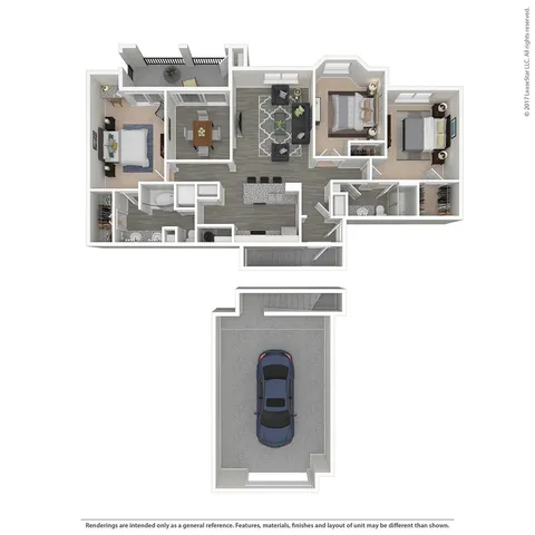 Inviting 3D floor plan showcasing a modern three-bedroom apartment with open-concept living area, stylish kitchen, and spacious bathroom. Select homes feature garages. Confirm with community team.