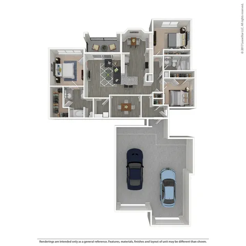 Inviting 3D floor plan showcasing a modern three-bedroom apartment with open-concept living area, stylish kitchen, and spacious bathroom. Select homes feature garages. Confirm with community team.