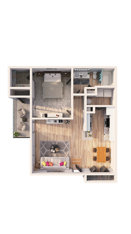 Classic apartment floor plan featuring a cozy bedroom kitchen, stylish living area, and a charming balcony perfect for relaxation.