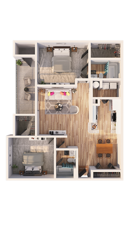 Classic 3D floor plan showcasing two bedrooms, an open-concept kitchen and living area, complete with a cozy balcony and stylish dining space.