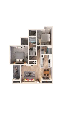 Modern 3D floor plan showcasing 2 bedrooms, a stylish living area, and a spacious kitchen with dining space.