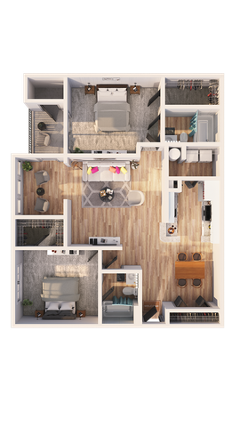 Modern 3D floor plan showcasing 2 bedrooms, a stylish living area, and a spacious kitchen with dining space.