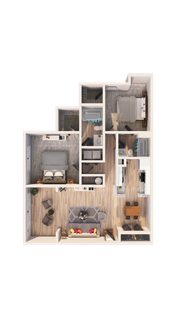 Modern 3D floor plan showcasing 2 bedrooms, a stylish living area, and a spacious kitchen with dining space.