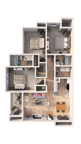 Classic 3D floor plan showcasing 3 bedrooms, a stylish living area, and a spacious kitchen with dining space.