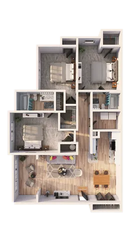 Classic 3D floor plan showcasing 3 bedrooms, a stylish living area, and a spacious kitchen with dining space.		 Links to Alternative Media Add