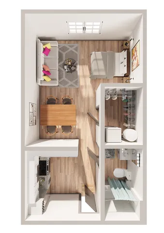 Charming studio apartment layout with open-concept living and sleeping area, modern kitchen, and cozy bathroom. Stylish wood flooring and natural lighting enhance the inviting atmosphere.