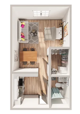Charming studio apartment layout with open-concept living and sleeping area, modern kitchen, and cozy bathroom. Stylish wood flooring and natural lighting enhance the inviting atmosphere.