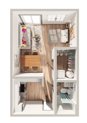 Charming studio apartment layout with open-concept living and sleeping area, modern kitchen, and cozy bathroom. Stylish wood flooring and natural lighting enhance the inviting atmosphere.