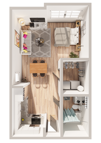 Charming studio apartment layout with open-concept living and sleeping area, modern kitchen, and cozy bathroom. Stylish wood flooring and natural lighting enhance the inviting atmosphere.